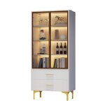 Meuble de salon avec 3 portes vitrine brillante avec �clairage led biblioth�que avec �tag�res en verre ...