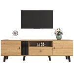 Meuble tv lowboard 170 cm avec 2 portes compartiments et tiroirs en bois et design noir couleur naturelle ...