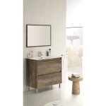 Meuble sous - vasque nature - nature - 80x45x80 cm - 2 tiroirs - intrieur textile - miroir inclus - ...