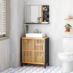 Meuble sous vasque salle de bain - meuble de lavabo noir et bois clair bambou v�ritable - sanless brs43d ...