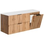 Meuble suspendu sous vasque adel chêne 120 cm avec panier à linge et plan blanc Meuble suspendu sous vasque adel chêne 120 cm avec panier à linge et plan blanc