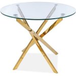 Table  manger ronde en verre tremp et 4 pieds en mtal dor - d 90 x h 75 cm