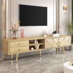 Meuble t�l� 160 cm - pieds dor�s - meuble t�l� en bois - deux tiroirs et portes au design unique - couleur ...