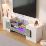 Meuble tv 145�30�51 cm blanc laqu� et b�ton ? avec �clairage led style moderne