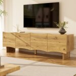 Meuble tv 155cm buffet bas scandinave avec 4 portes et passe - cbles finition bois chne naturel