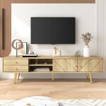 Lemonbest meuble tv en bois 160 cm avec pieds dor�s meuble bas avec 2 tiroirs et 2 portes grand espace ...
