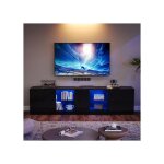 Meuble tv 160 x 40 x 52 cm pour tv jusqu� 65 - 2 tiroirs 1 porte mdf & verre tremp� led noir laqu�