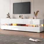 Meuble tv 160x40x50 design moderne blanc brillant avec �clairage led 2 portes 1 tiroir espace ouvert ...