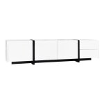 Meuble tv 170�30�39 cm blanc laqu� avec rangements et pieds noirs ? style moderne