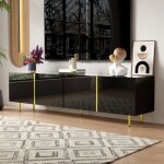 Meuble tv 170�35�46 cm en mdf noir laqu� avec 4 portes et accents dor�s