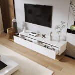 Meuble tv 170�36�38 cm en panneaux de particules blanc laqu� et bois ? avec led et rangements