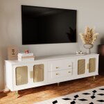 Meuble tv 175cm - poignées dorées - 4 portes + 2 tiroirs - avec portes en rotin et pieds en métal - blanc ... Meuble tv 175cm - poignées dorées - 4 portes + 2 tiroirs - avec portes en rotin et pieds en métal - blanc ...