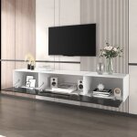 Meuble tv 180�35�30 cm en panneaux de particules blanc laqu� ? avec �clairage led et portes rainur�es ...