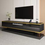 Meuble tv 180�38�45 cm laqu� noir 3 tiroirs led multicolore et d�cors dor�s