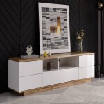 Meuble tv 180�38�46 cm blanc avec panneaux bois et rangements ? style moderne