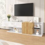 Meuble tv 180�38�48 cm en panneau de particules blanc laqu� et bois naturel ? avec portes et �tag�res ...
