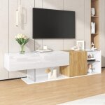 Meuble tv 180 cm en blanc brillant aspect bois et �tag�res en verre meuble tv bois �l�gant avec rangement ...