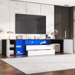 Meuble tv 180 cm avec led contr�le app push - to - open �tag�re en verre noir et blanc brillant