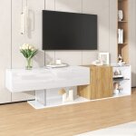 Meuble tv 180 cm avec rangements et tagres en verre banc moderne haut brillant avec pieds bois 180x38x48 ...