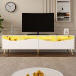 Meuble tv blanc - 180 x 40 x 50 cm - �clairage led - pieds m�talliques - fa�ade en verre ?banc tv - lowboard ...