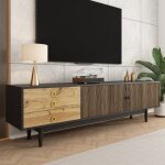 Meuble tv 180cm - becag - armoire tv bas avec 2 portes et 3 tiroirs - style contemporain - 180x50x38cm ...