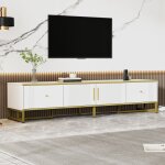 Meuble tv 180cm blanc & doré - 2 portes & 2 tiroirs - pieds réglables or - charnières silencieuses - ... Meuble tv 180cm blanc & doré - 2 portes & 2 tiroirs - pieds réglables or - charnières silencieuses - ...