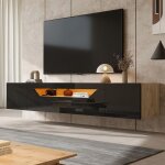 Meuble tv 180x37x36 cm suspendu 3 compartiments led fixation murale pour tv 75 pouces noir + bois
