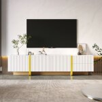 Meuble tv 190 cm blanc / or - grand rangement (2 tiroirs / 3 portes) - 3 trous câbles - capacité 60 kg ... Meuble tv 190 cm blanc / or - grand rangement (2 tiroirs / 3 portes) - 3 trous câbles - capacité 60 kg ...