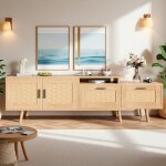 Meuble tv 2 portes 2 tiroirs effet ch�ne - armoire tv en rotin avec �tag�res et placards de rangement ...