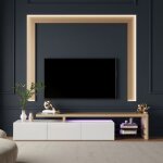 Meuble tv 200 cm - ambiance - avec clairage led et rangements - banc tv design contemporain blanc brillant ...