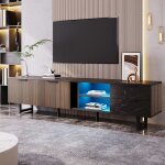 Meuble tv 200 cm aspect marbre noir portes bois fonc 2 portes 2tiroirs led rglable compatible robot ...