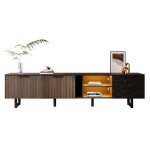 Meuble tv 200 cm aspect marbre noir portes bois fonc clairage led orientable 2 portes et 2 tiroirs ...