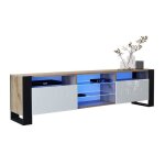 Meuble tv 200 cm lovy led chene mat et blanc laque - style industriel Meuble tv 200 cm lovy led chene mat et blanc laque - style industriel