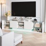 Meuble tv 200 cm - rgb led - 2 tiroirs - sans poignée - verre trempé et bois - salon - 200 x 35 x 45 ... Meuble tv 200 cm - rgb led - 2 tiroirs - sans poignée - verre trempé et bois - salon - 200 x 35 x 45 ...