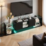 Meuble tv 200 cm rgb led 2 tiroirs sans poignée verre trempé et bois salon 200 x 35 x 45 cm noir Meuble tv 200 cm rgb led 2 tiroirs sans poignée verre trempé et bois salon 200 x 35 x 45 cm noir