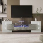 Meuble tv 200 x 35 x 60 cm avec six portes deux tiroirs trois tagres et clairage led - blanc cass ...