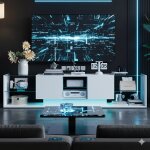 Meuble tv 200cm blanc Éclairage led rgb (contrôle app / télécommande) 2 tiroirs et Étagères en verre Meuble tv 200cm blanc Éclairage led rgb (contrôle app / télécommande) 2 tiroirs et Étagères en verre