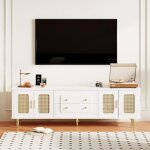 Meuble tv 4 portes 2 tiroirs blanc laqu brillant - meuble tv bas en rotin blanc - l 177 x l 38 x h 53 ...