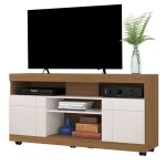 Meuble tv - yara - imitation chêne et blanc - 2 portes - 5 niches - 6 roulettes Meuble tv - yara - imitation chêne et blanc - 2 portes - 5 niches - 6 roulettes