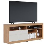 Meuble tv 65 pouces ch�ne et blanc 2 portes 6 niches roulettes l 160 h 68 p 37. 4 cm - l 160 x l 37. ...