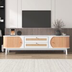 Meuble tv en bois naturel mlang avec portes et tiroirs meuble tv avec cts en rotin? 170 x 39. 5 x ...