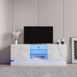 Meuble tv / banc tv moderne avec 2 portes laqu blanc brillant 2 tagres rglables en verre lumres ...