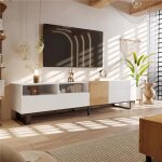 Meuble tv banc tv moderne  grain de bois et blanc 2 portes 2 tiroir design minimaliste180 x 38 x 50 ...