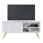 Meuble tv bar 55 pouces blanc pieds bois 2 portes 3 niches l 135. 8 h 58. 7 p 36. 1cm - l 135. 8 x l ...