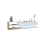 Meuble tv bas 170x36x38 cm blanc brillant bois avec verre led variable style rustique moderne meuble ...