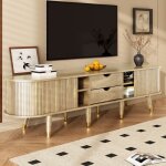 Meuble tv bas - 175 cm - rotin et bois effet oak - porte coulissante - buffet t�l�vision - style rustique ...
