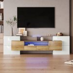 Meuble tv bas - design moderne - 200 cm - blanc laqu - led multicolore - 6 portes 2 tiroirs