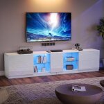 Meuble tv bas brillant avec �clairage led - 160x40x52 cm - avec portes 2 tiroirs �tag�res en verre banc ...