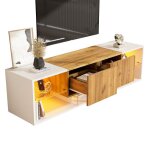 Meubles tv meuble bas fonctionnel avec 3 niveaux 2 tiroirs et led plateaux en verre mdf blanc et bois ...