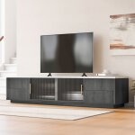 Meuble tv bas gris 160 cm avec plateau effet marbre portes en verre et tiroirs ? meuble t�l�vision pour ...
